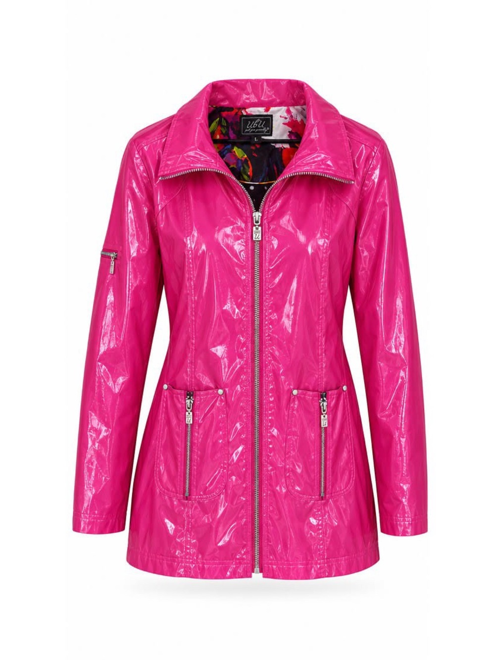 UbU Reversible Hot Pink Patent Rain Jacket Polka Dot Slicker Coat Size L